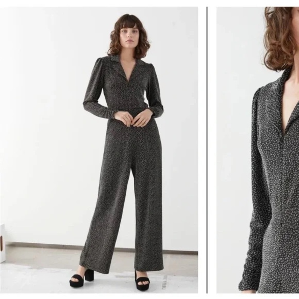& Other Stories Paris Atelier Jacquard Jumpsuit Charcoal/Metallic, Zip-up Front